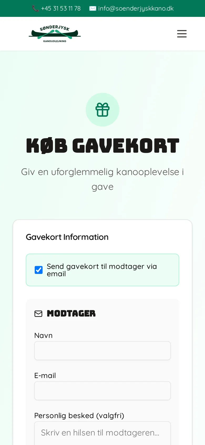 Gavekort på soenderjyskkano.dk, mobil