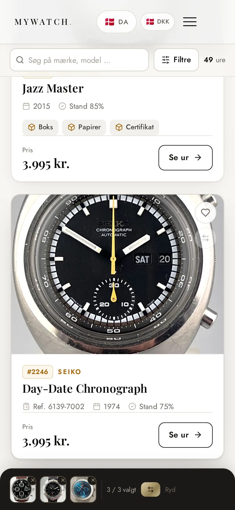 Sammenligning af ure på mywatch.dk, mobil